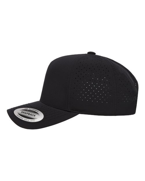 Yupoong 5389AP perforated snapback hat in Black, angled side view.
