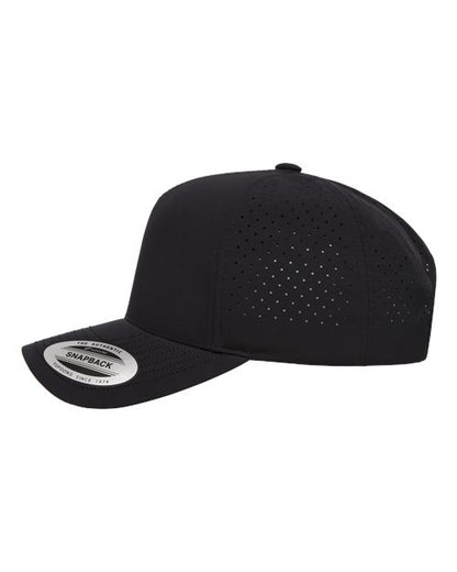 Yupoong 5389AP perforated snapback hat in Black, angled side view.