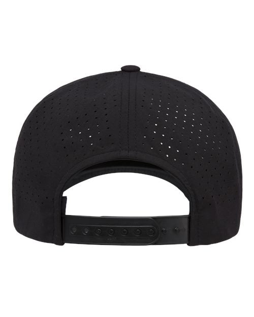 Yupoong 5389AP perforated snapback hat in Black, back view.