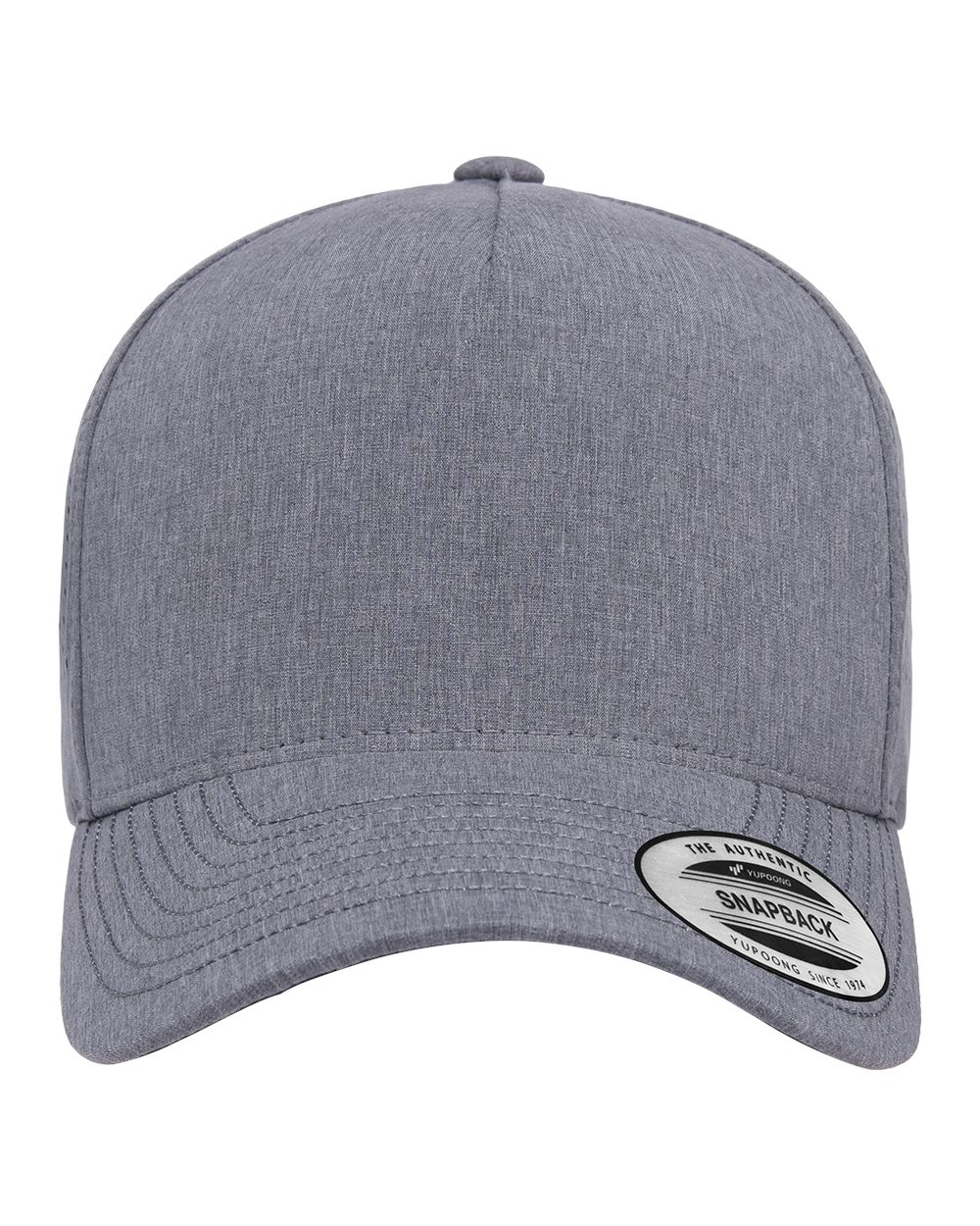 Yupoong 5389AP perforated snapback hat in Heather Grey, alternate front view.