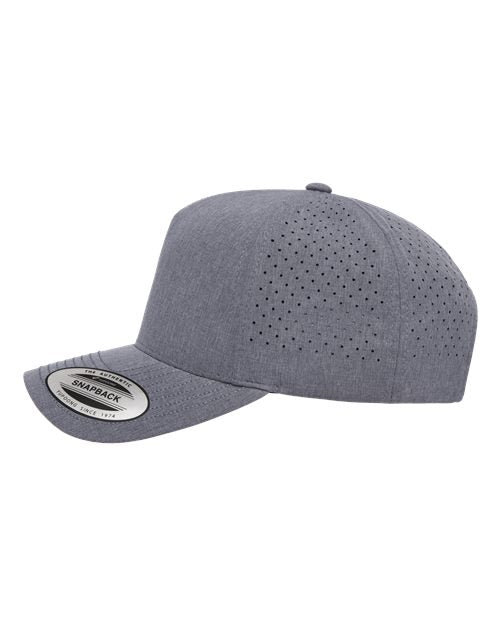 Yupoong 5389AP perforated snapback hat in Heather Grey, angled side view.