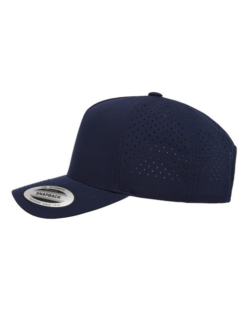 Yupoong 5389AP perforated snapback hat in Navy, angled side view.