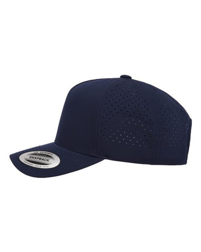 Yupoong 5389AP perforated snapback hat in Navy, angled side view.