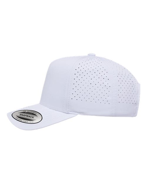 Yupoong 5389AP perforated snapback hat in White, angled side view.