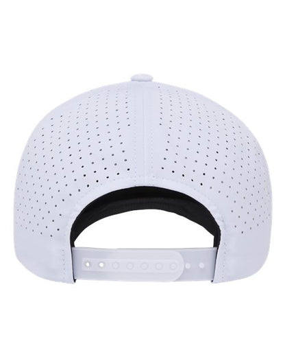 Yupoong 5389AP perforated snapback hat in White, back view.