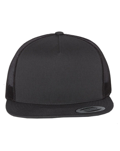 Yupoong 6006 flat brim trucker hat in Black, alternate front view.