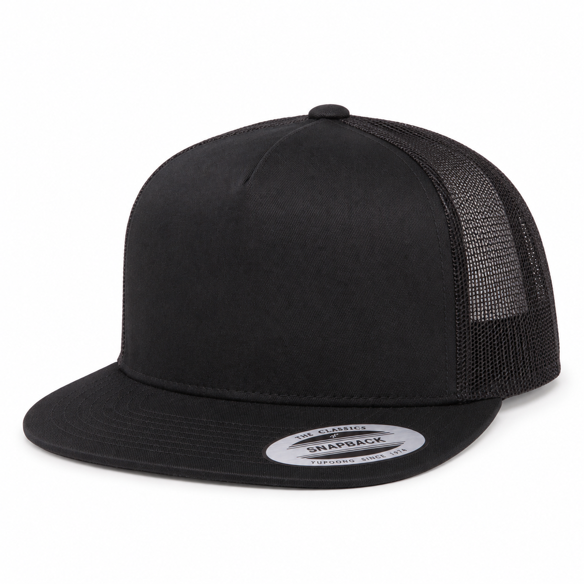 Yupoong 6006 flat brim trucker hat in Black, angled front view.
