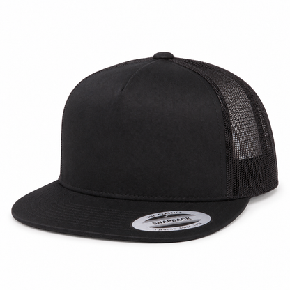 Yupoong 6006 flat brim trucker hat in Black, angled front view.
