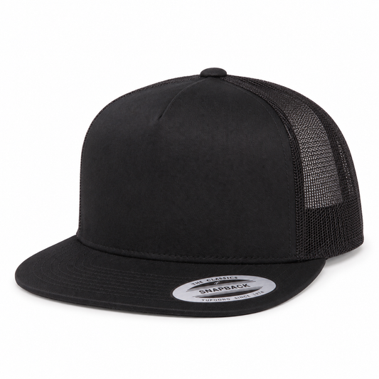 Yupoong 6006 flat brim trucker hat in Black, angled front view.