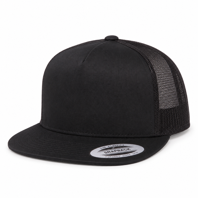Yupoong 6006 flat brim trucker hat in Black, angled front view.