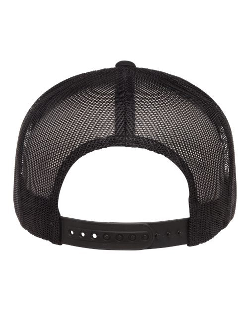 Yupoong 6006 flat brim trucker hat in Black, back view.