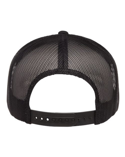 Yupoong 6006 flat brim trucker hat in Black, back view.