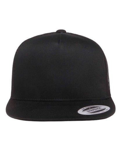 Yupoong 6006 flat brim trucker hat in Black, front view.