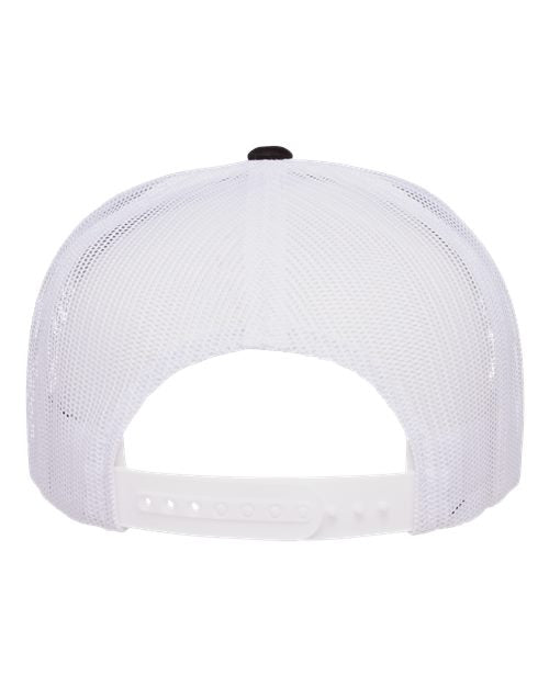 Yupoong 6006 flat brim trucker hat in Black/ White, back view.