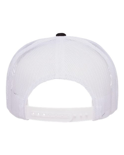 Yupoong 6006 flat brim trucker hat in Black/ White, back view.