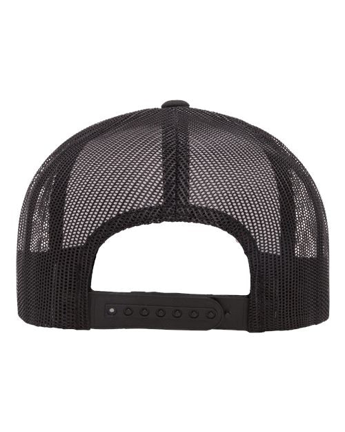 Yupoong 6006 flat brim trucker hat in Black/ White/ Black, back view.