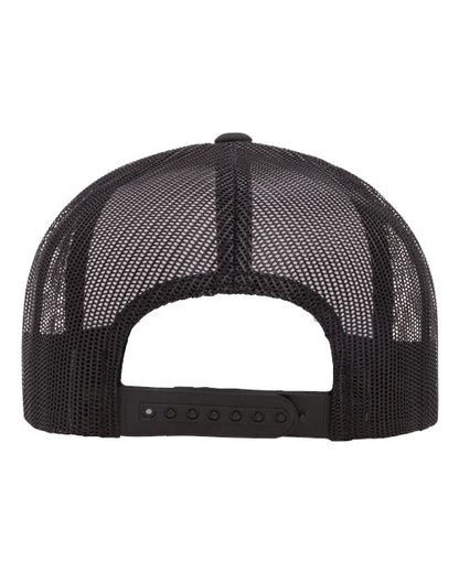 Yupoong 6006 flat brim trucker hat in Black/ White/ Black, back view.