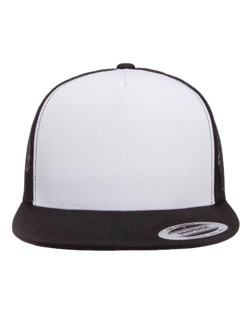Yupoong 6006 flat brim trucker hat in Black/ White/ Black, front view.
