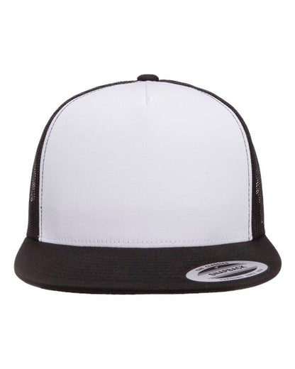 Yupoong 6006 flat brim trucker hat in Black/ White/ Black, front view.