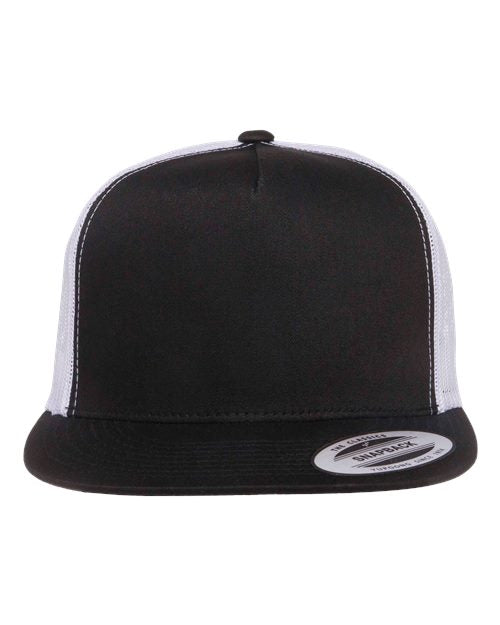 Yupoong 6006 flat brim trucker hat in Black/ White, front view.