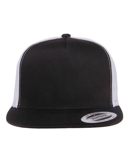 Yupoong 6006 flat brim trucker hat in Black/ White, front view.