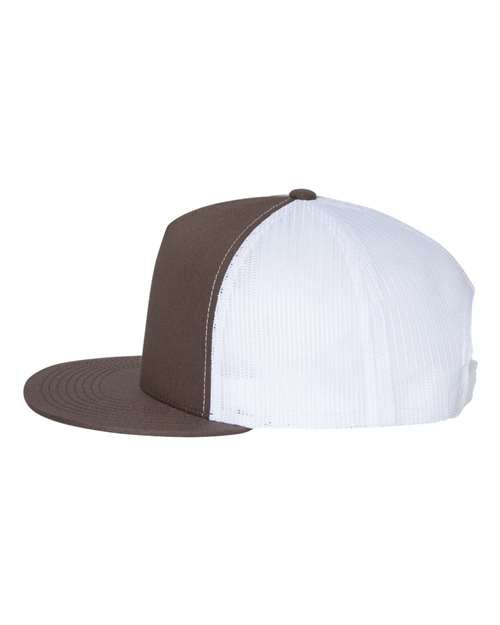 Yupoong 6006 flat brim trucker hat in Brown/ White, angled side view.