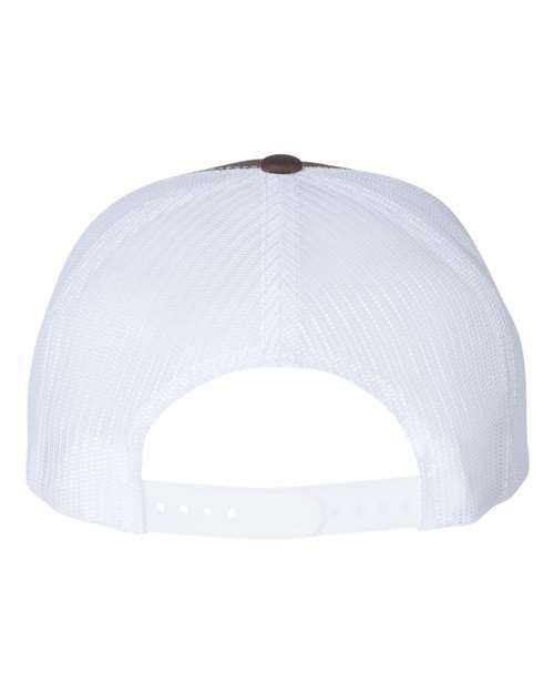 Yupoong 6006 flat brim trucker hat in Brown/ White, back view.