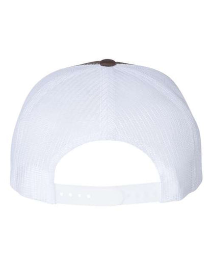 Yupoong 6006 flat brim trucker hat in Brown/ White, back view.