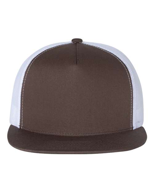 Yupoong 6006 flat brim trucker hat in Brown/ White, front view.