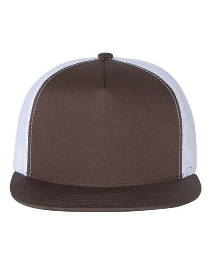 Yupoong 6006 flat brim trucker hat in Brown/ White, front view.