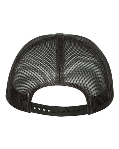 Yupoong 6006 flat brim trucker hat in Charcoal, back view.