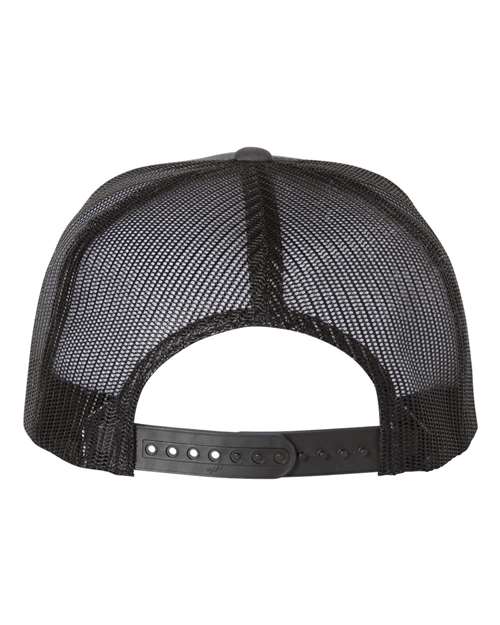 Yupoong 6006 flat brim trucker hat in Charcoal/ Black, back view.
