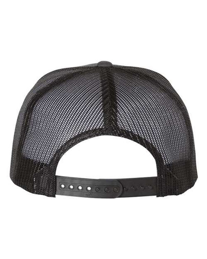 Yupoong 6006 flat brim trucker hat in Charcoal/ Black, back view.