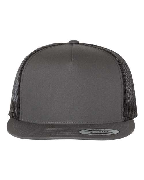 Yupoong 6006 flat brim trucker hat in Charcoal/ Black, front view.