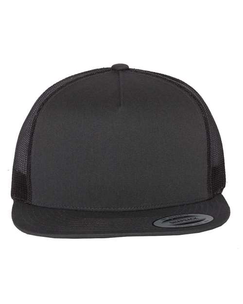 Yupoong 6006 flat brim trucker hat in Charcoal, front view.
