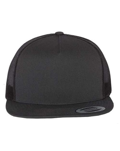 Yupoong 6006 flat brim trucker hat in Charcoal, front view.