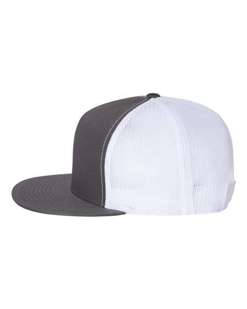 Yupoong 6006 flat brim trucker hat in Charcoal/ White, angled side view.
