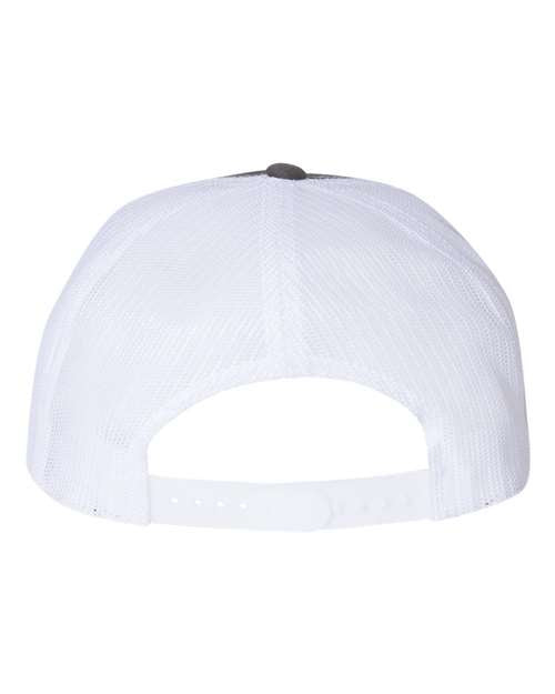 Yupoong 6006 flat brim trucker hat in Charcoal/ White, back view.