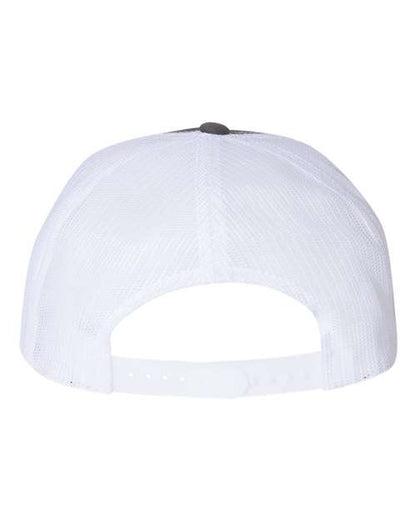 Yupoong 6006 flat brim trucker hat in Charcoal/ White, back view.