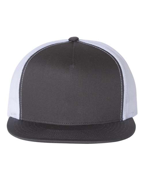 Yupoong 6006 flat brim trucker hat in Charcoal/ White, front view.