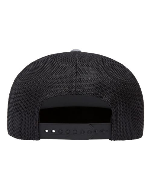 Yupoong 6006 flat brim trucker hat in Heather/ Black, back view.