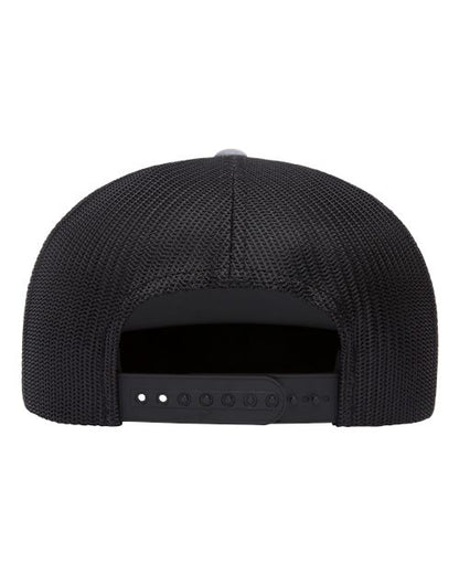 Yupoong 6006 flat brim trucker hat in Heather/ Black, back view.