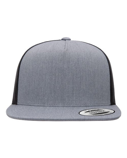 Yupoong 6006 flat brim trucker hat in Heather/ Black, front view.