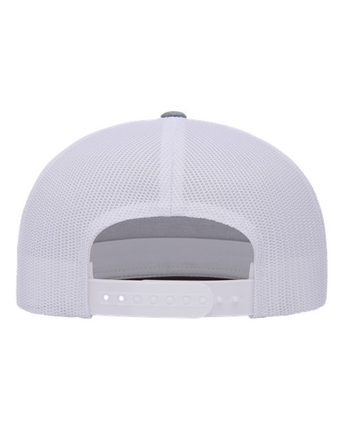 Yupoong 6006 flat brim trucker hat in Heather/ White, back view.