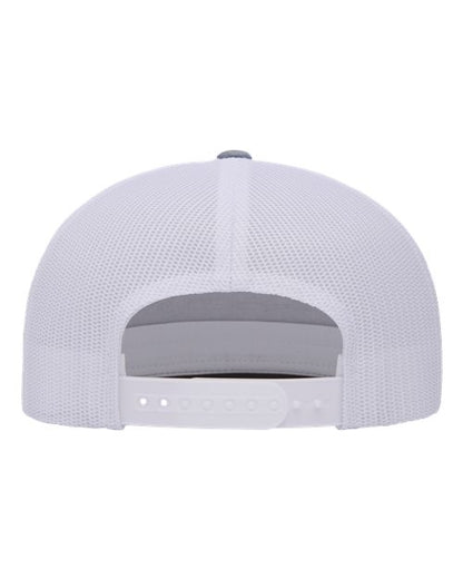 Yupoong 6006 flat brim trucker hat in Heather/ White, back view.