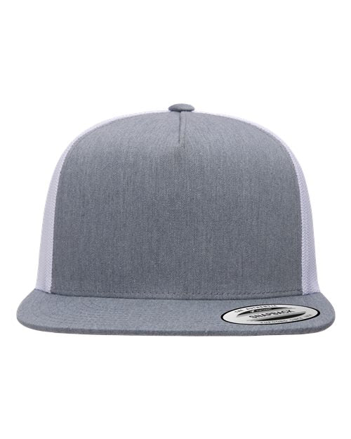 Yupoong 6006 flat brim trucker hat in Heather/ White, front view.