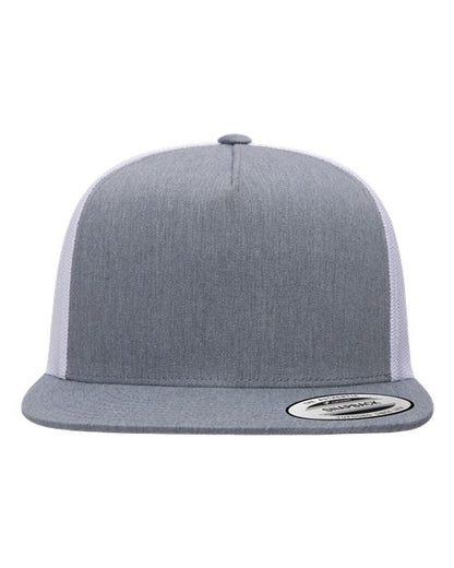 Yupoong 6006 flat brim trucker hat in Heather/ White, front view.