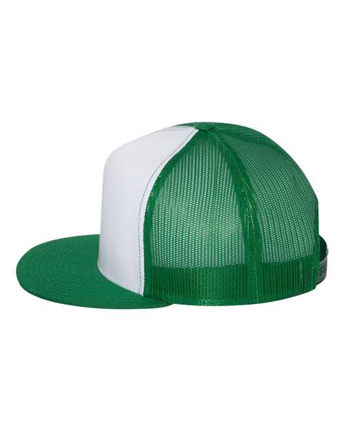 Yupoong 6006 flat brim trucker hat in Kelly/ White/ Kelly, angled side view.