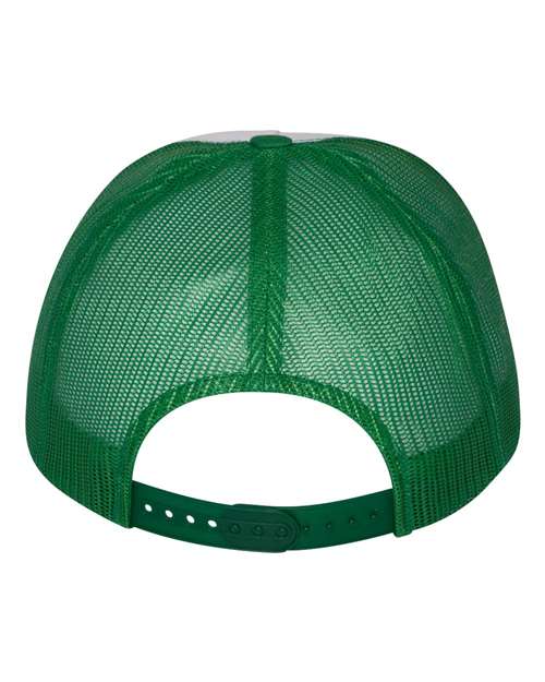 Yupoong 6006 flat brim trucker hat in Kelly/ White/ Kelly, back view.