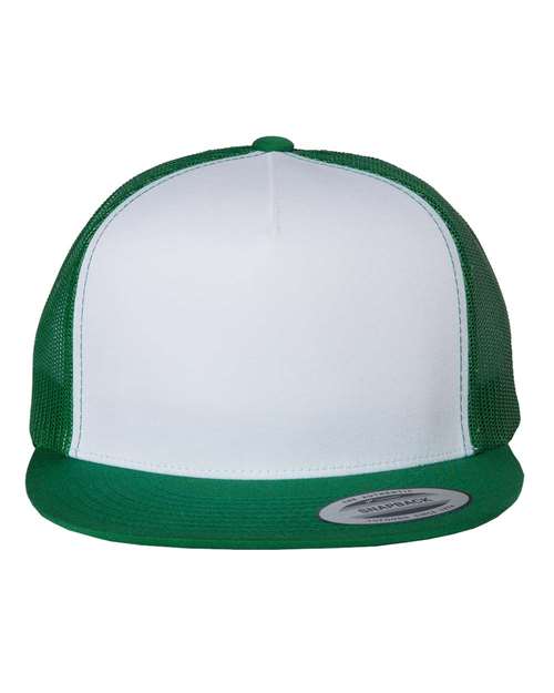 Yupoong 6006 flat brim trucker hat in Kelly/ White/ Kelly, front view.